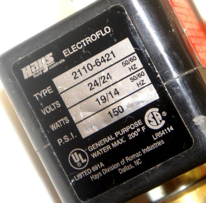 HAYS 2110-6421 SOLENOID VALVE, 24 V, 19/14 WATT, 150 PSI, 50/60 HZ, 21106421