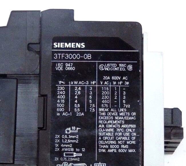 SIEMENS 3TF3-000-0BB4 CONTACTOR 20AMP 3POLE 24VDC 600VAC, 3TF3000-0B, 3TF30