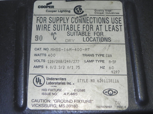 COOPER LIGHTING MHSS-16M-400-MT FIXTURE E12585 STYLE NO. 6201138116