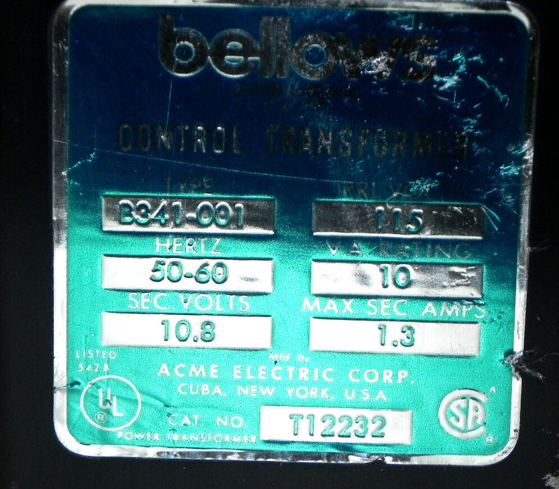 BELLOWS B341-001 CONTROL TRANSFORMER CAT. NO. T12232
