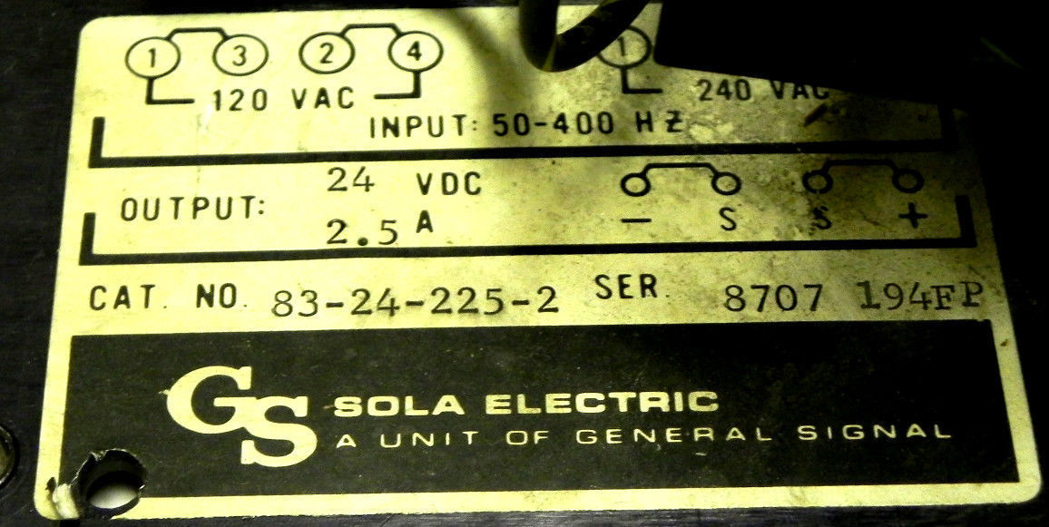 SOLA 83-24-225-2 POWER SUPPLY 24VDC 2.5AMP 83242252