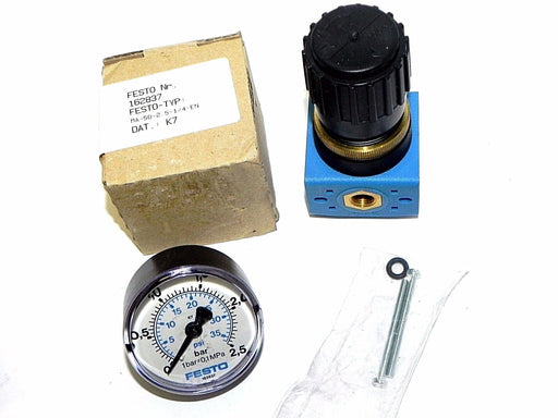 NIB FESTO LR-1/8-S-7-O-B PRESSURE CONTROL VALVE W/ 162837 GAUGE MA-50-2,5-1/4-EN