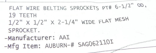 AAI SAG062110I FLAT WIRE BELTING SPROCKET 6-1/2''OD, 19 TEETH, 1/2X1/2X2-1/4