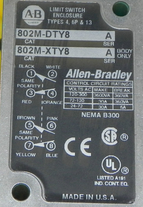 ALLEN BRADLEY 802M-DTY8 ROLLER LIMIT SWITCH 802M-XTY8 W/ 802M-DX OPERATING HEAD