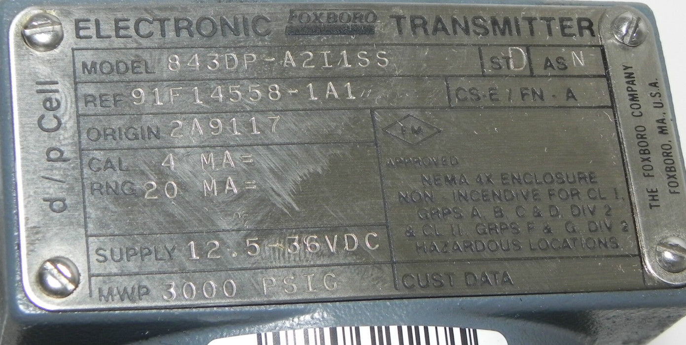 FOXBORO 843DP-A2I1SS  ELECTRONIC TRANSMITTER 843DPA2I1SS