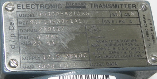 FOXBORO 843DP-A2I1SS  ELECTRONIC TRANSMITTER 843DPA2I1SS