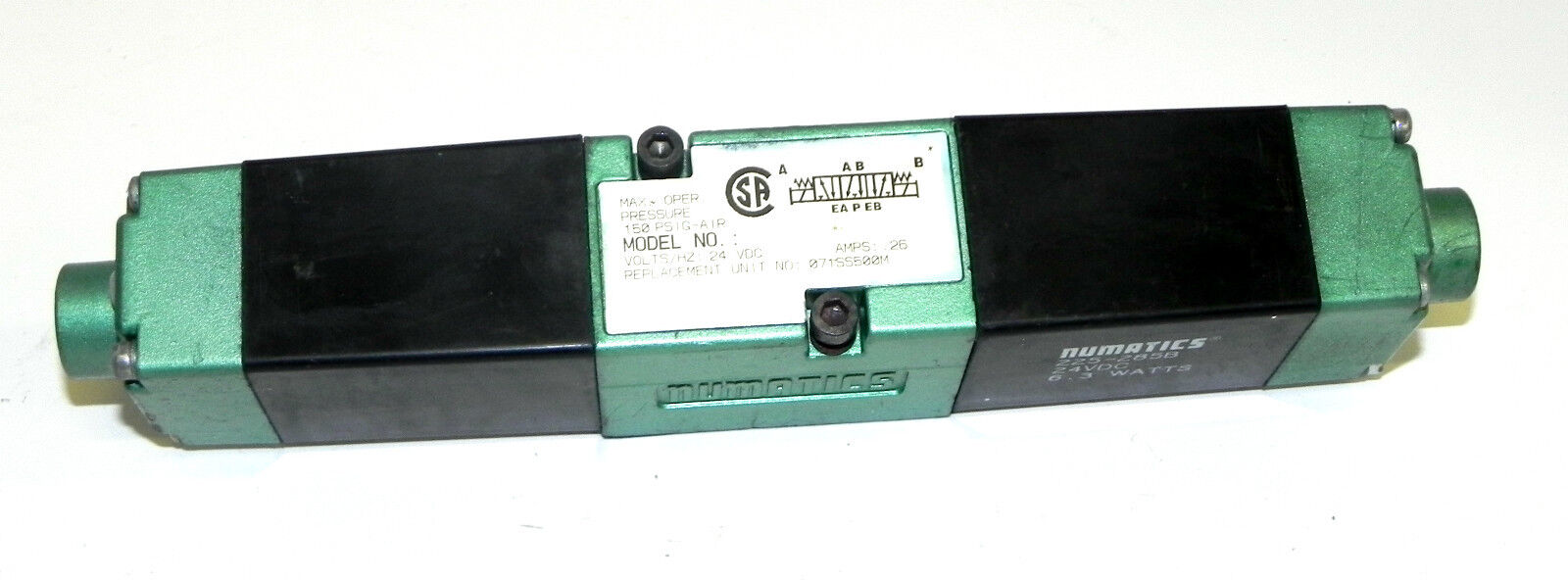 NUMATICS 071SS500M SOLENOID VALVE AMPS: .26 MAX OPER. PRESSURE 150 PSIG-AIR
