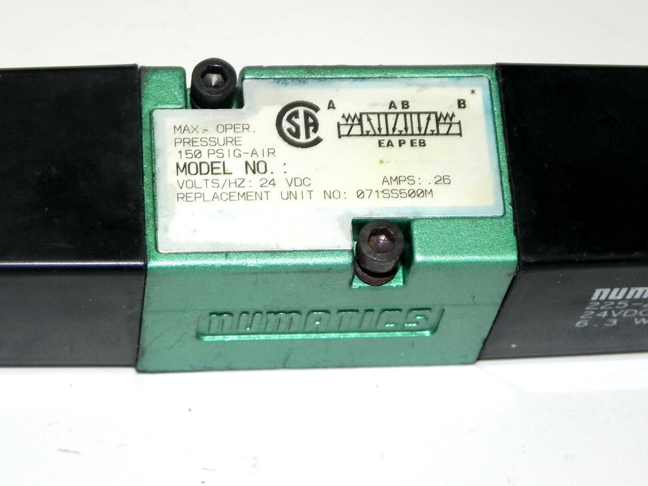 NUMATICS 071SS500M SOLENOID VALVE AMPS: .26 MAX OPER. PRESSURE 150 PSIG-AIR