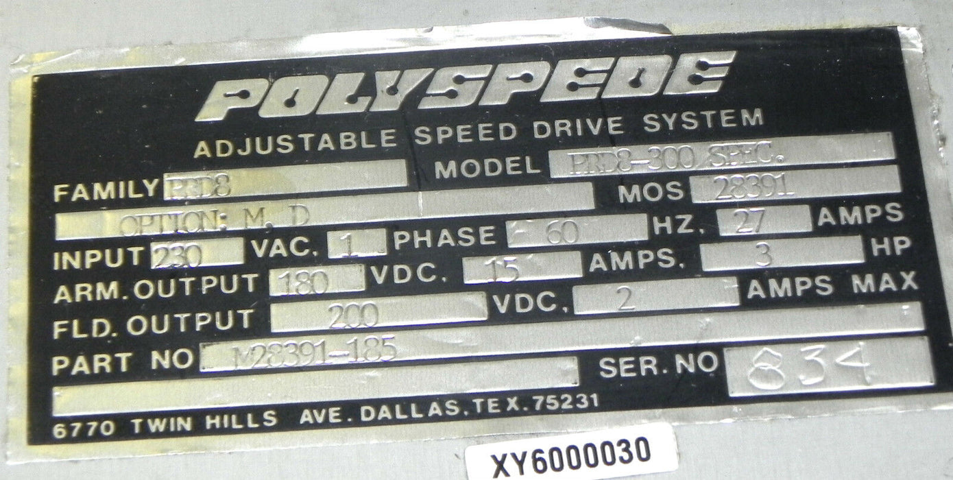 POLYSPEDE PRD8-300 ADJUSTABLE SPEED DRIVE PRD8300 P/N: M28391-185 W/ E1511E-02