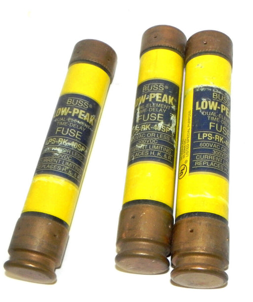 LOT OF 3 BUSSMANN LPS-RK-40SP FUSES 40AMP DUAL ELEMENT TIME-DELAY 600VAC 300VDC