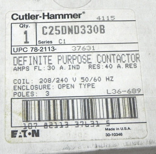 NIB CUTLER HAMMER C25DND330B DEFINITE PURPOSE CONTACTOR