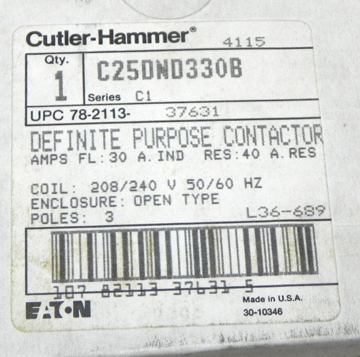 NIB CUTLER HAMMER C25DND330B DEFINITE PURPOSE CONTACTOR