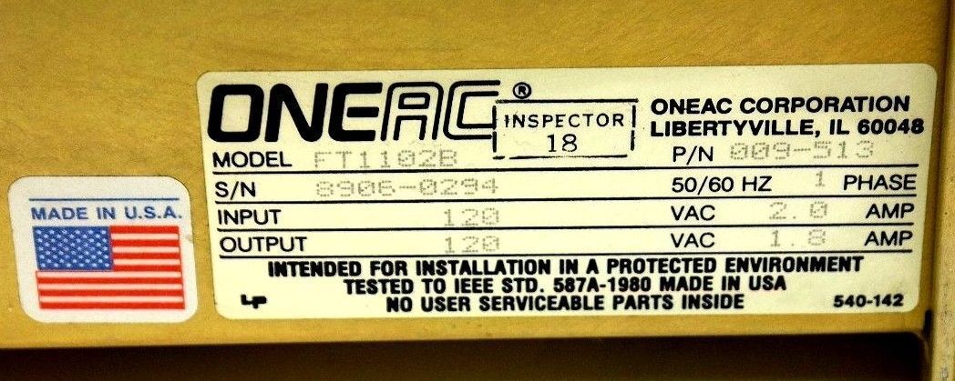 ONEAC FT1102B 009-513 50/60HZ POWER SUPPLY CONDITIONER 009513