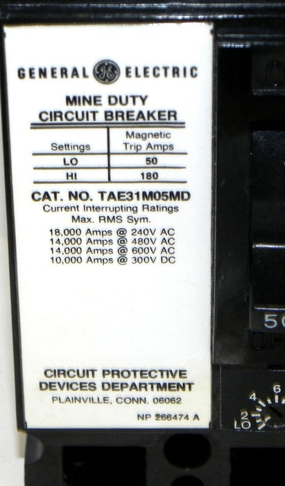GENERAL ELECTRIC TAE31M05MD CIRCUIT BREAKER 50AMP 3POLE 600VAC