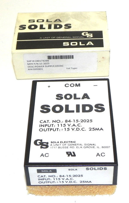 NIB SOLA 84-15-2025 POWER SUPPLY 84152025 15VDC 25MA 115VAC