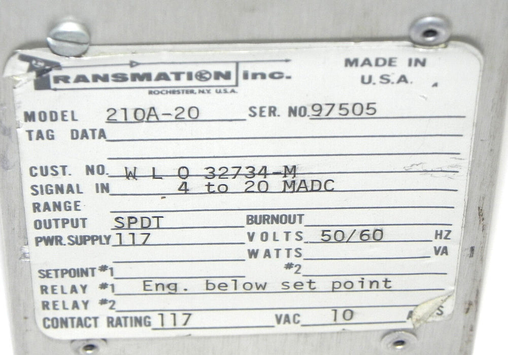 TRANSMATION 210A-20 CURRENT ALARM 50/60HZ 210A20