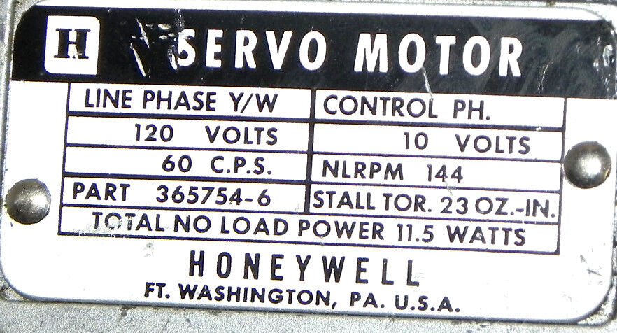 HONEYWELL 365754-6 SERVO MOTOR 3657546, 120V 60CPS 11.5W GEAR RATIO 10:1