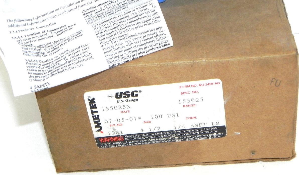 NIB AMETEK 155025X USG U.S. GAUGE 155025 FIG. NO. 1981 SIZE: 4-1/2'' CONN. 1/4''