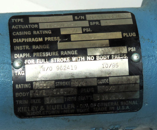 KIELEY AND MUELLER TYPE GBR  ACTUATOR DL-30-R-A, 100 PSI. KM 981036R