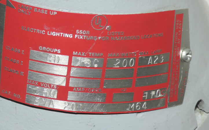 CROUSE HINDS EVA-201 LIGHT INCAND HAZ LOC CLASS1 GROUP-CD 200W/250V, EVA201