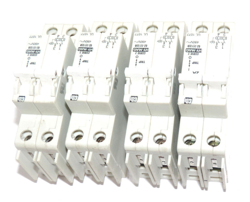 LOT OF 4 CBI HY-MAG, QZ-2(13)D, CURVE 2 CIRCUIT BREAKERS 2A, 480V~