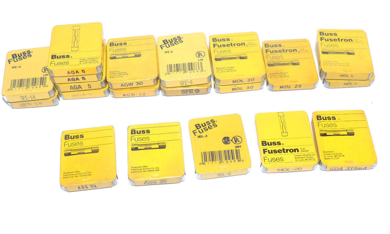 LOT OF 78 BUSSMANN FUSES ABC-3/4, ABC-30, MDL-8, MDL-20, GDA315MA, AGW-30, AGA-5