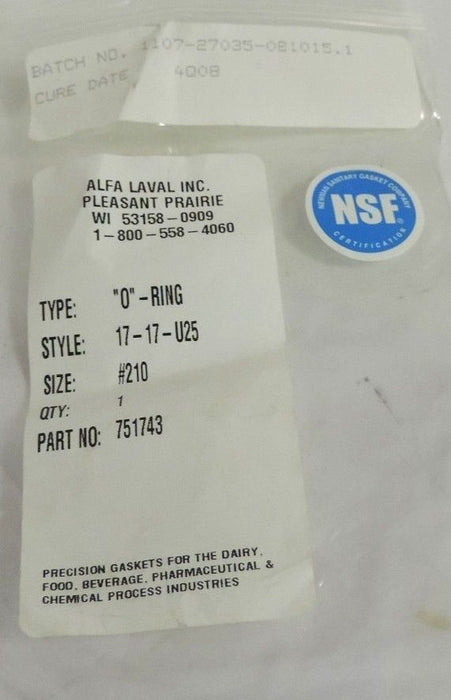 LOT OF 24 NEW ALFA LAVAL STYLE: 17-17-U25 O-RINGS SIZE: #210 PART NO. 751743
