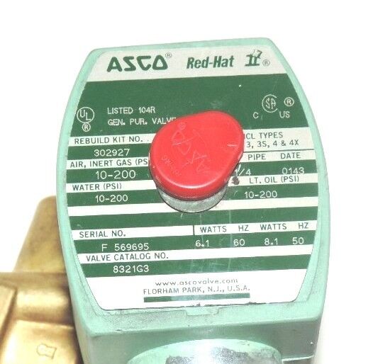ASCO RED-HAT 8321G3 3-WAY SOLENOID VALVE 1/4" NPT, 6.1-8.1W, REBUILD KIT #302927