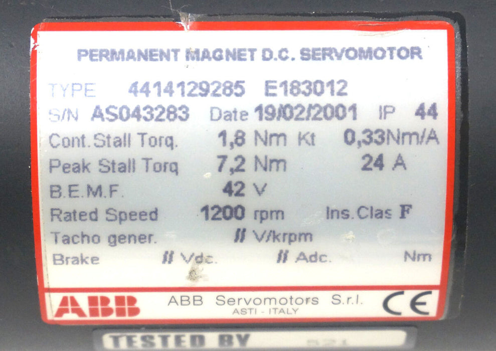 ABB 4414129285 E183012 PERMANENT MAGNET D.C. SERVOMOTOR 1200RPM, 24A, 42V