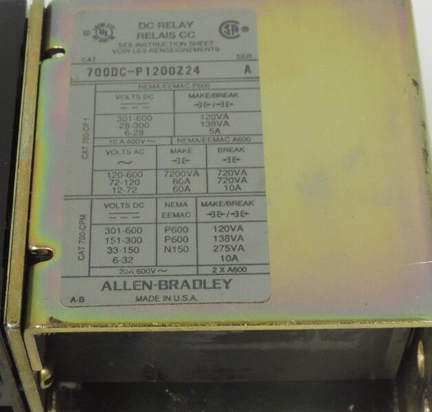 ALLEN BRADLEY 700DC-P1200Z24 DC RELAY 700DCP1200Z24 SER. A, 24V PD174 COIL