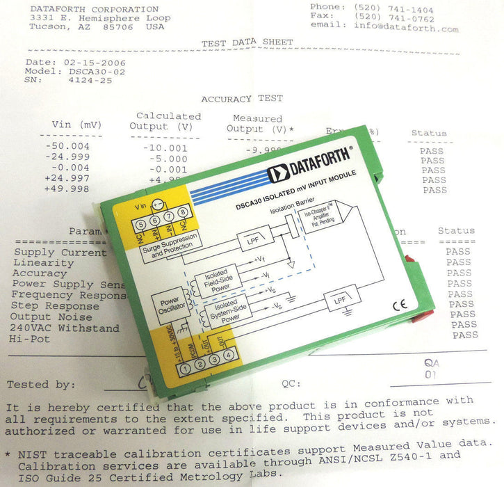 DATAFORTH DSCA30-02 ISOLATED ANALOG SIGNAL CONDITIONING MODULE DSCA3002