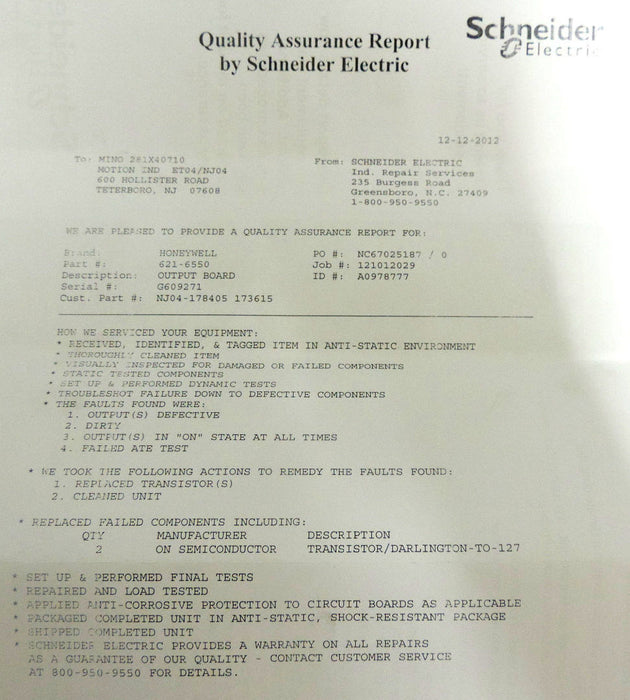 HONEYWELL 621-6550 OUTPUT BOARD MODULE 24VDC 6216550 QUALITY ASSURANCE REPORT