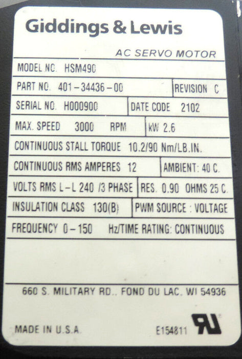 GIDDINGS & LEWIS HSM490, P/N: 401-34436-00 90 LB. IN. BRUSHLESS SERVO MOTOR