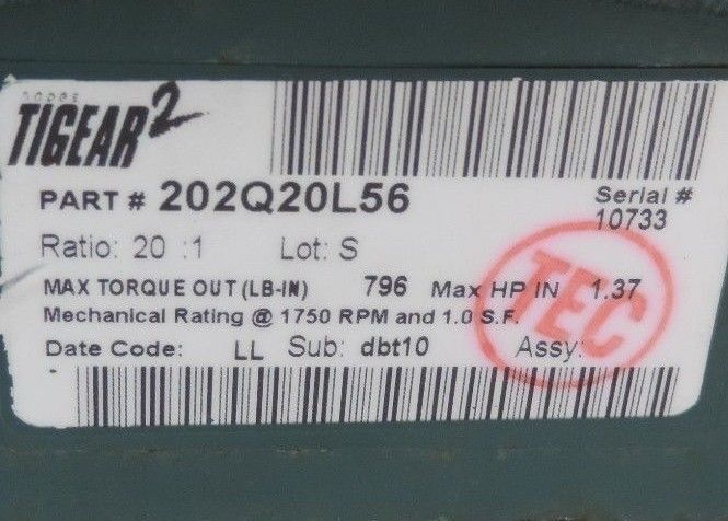DODGE 202Q20L56 TIGEAR2 GEAR REDUCER 1.37HP 20:1 RATIO 796 TORQ 1750RPM 1" SHAFT