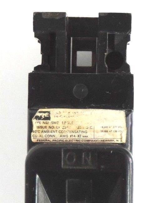 LOT OF 2 FEDERAL PACIFIC NEF-SWD CIRCUIT BREAKERS 15AMP 277V LK-2387 NEFSWD