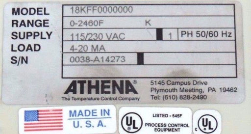 ATHENA 18KFF0000000 TEMPERATURE CONTROLLER RANGE 0-2460F 115/230VAC