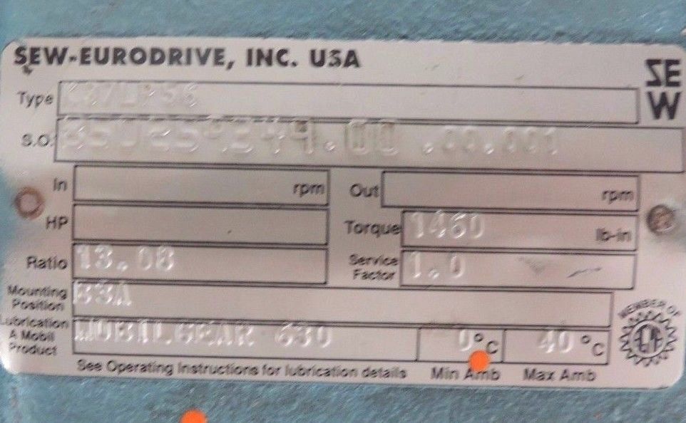 SEW EURODRIVE TYPE: K37LP56 WORM GEAR REDUCER, RATIO 13.08 TORQUE: 1460