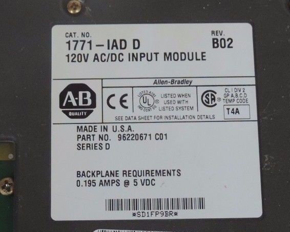 ALLEN BRADLEY 1771-IAD/D INPUT MODULE REV. B02 P/N 96220671 C01 SERIES D