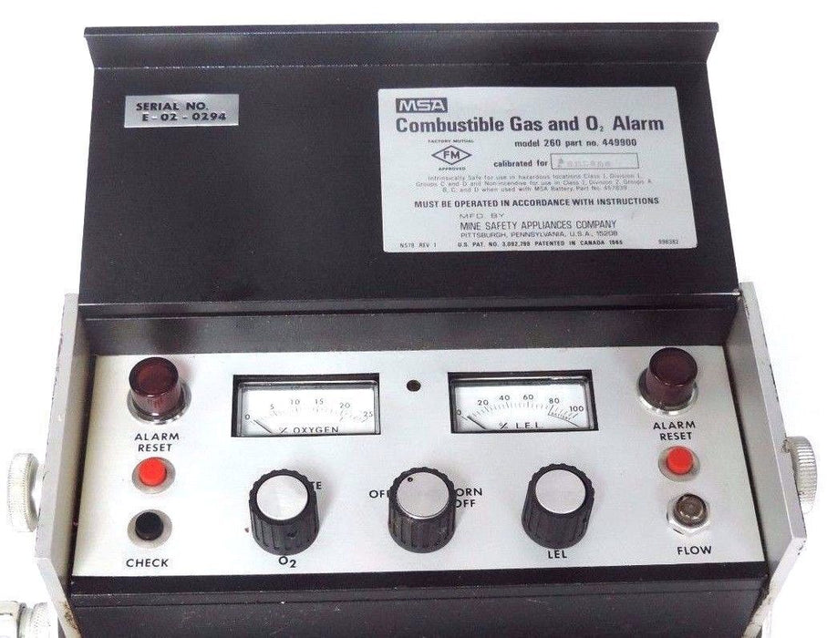 MSA MODEL 260 COMBUSTABLE GAS AND O2 ALARM P/N 449900 CALIBRATED FOR PENTANE