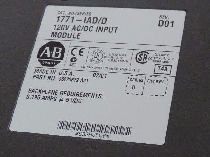 ALLEN BRADLEY 1771-IAD/D 120V AC/DC INPUT MODULE P/N: 96220672 A01, REV. D01