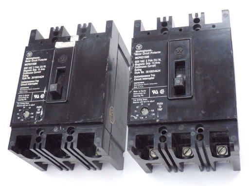 LOT OF 2 WESTINGHOUSE MPC03150R CIRCUIT BREAKERS STYLE NO. 2610D54G24, 15 AMP.