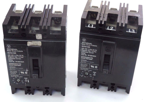 LOT OF 2 WESTINGHOUSE MPC03150R CIRCUIT BREAKERS STYLE NO. 2610D54G24, 15 AMP.