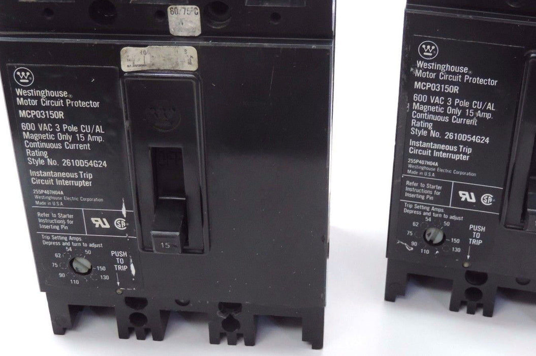 LOT OF 2 WESTINGHOUSE MPC03150R CIRCUIT BREAKERS STYLE NO. 2610D54G24, 15 AMP.