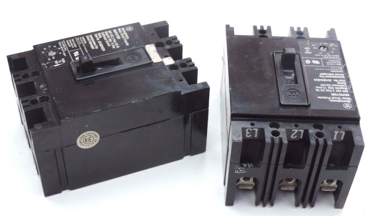 LOT OF 2 WESTINGHOUSE MPC03150R CIRCUIT BREAKERS STYLE NO. 2610D54G24, 15 AMP.