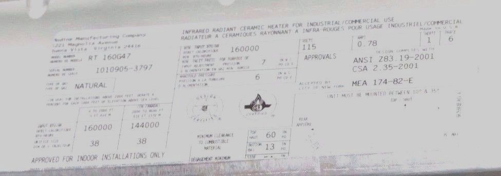 NIB MODINE RT 160G47 HIGH INTENSITY MHR INFRARED RADIANT CERAMIC HEATER RT160G4