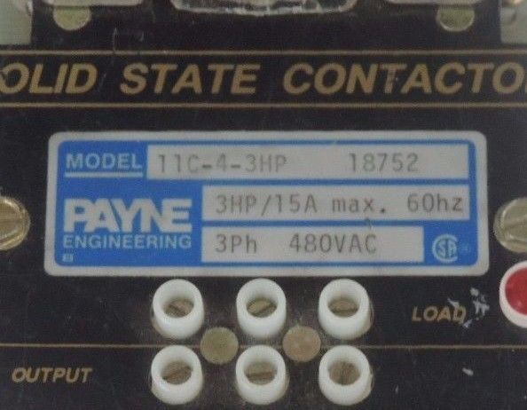 PAYNE ENGINEERING 11C-4-3HP SOLID STATE CONTACTOR 3HP 15A MAX 60HZ 3PH 480VAC