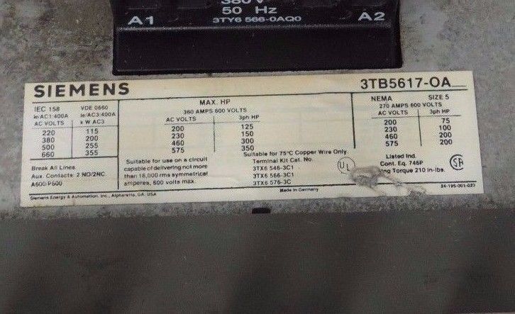 SIEMENS 3TB5617-OA CONTACTOR 270AMP 3POLE 3TB5617OA