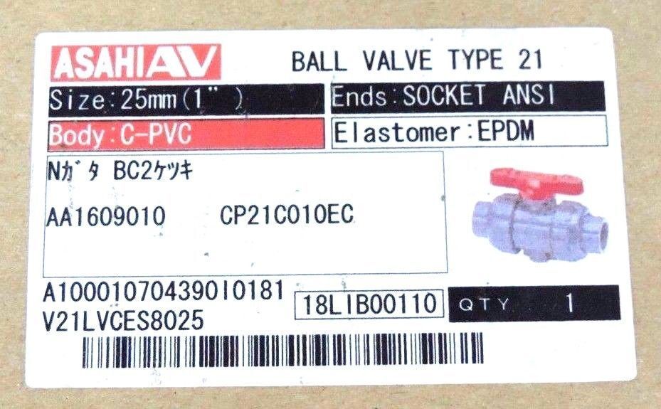 NIB ASAHI 1609010 BALL VALVE 1" C-PVC EPDM TYPE 21 1609-010