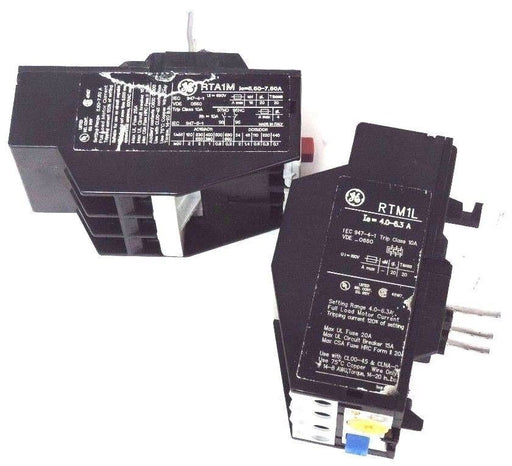 LOT OF 2 GENERAL ELECTRIC OVERLOAD RELAYS RTM1L 4.0-6.3 AMP, RTA1M 5.5-7.50 AMP