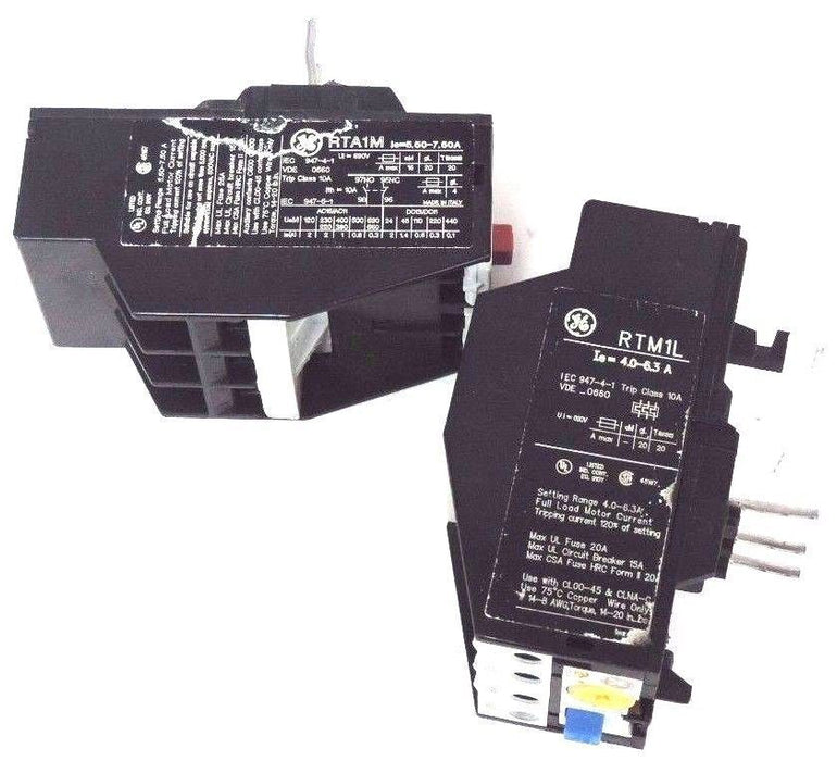 LOT OF 2 GENERAL ELECTRIC OVERLOAD RELAYS RTM1L 4.0-6.3 AMP, RTA1M 5.5-7.50 AMP